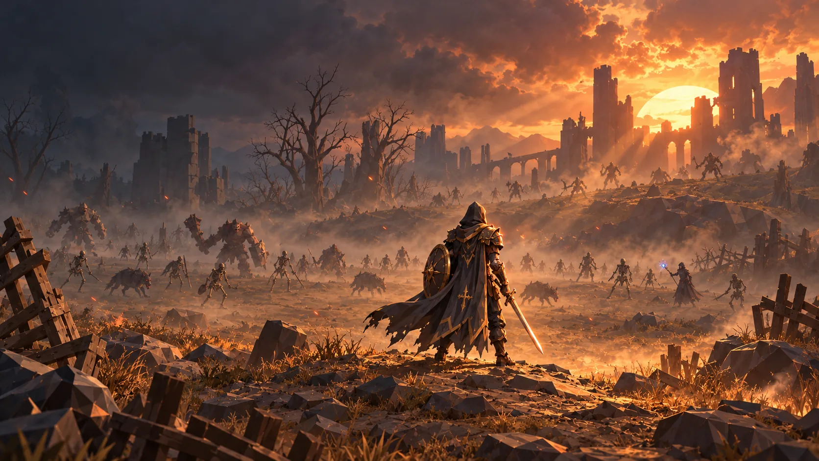 Guerreiro encapuzado observa as ruínas de Valakya ao pôr do sol